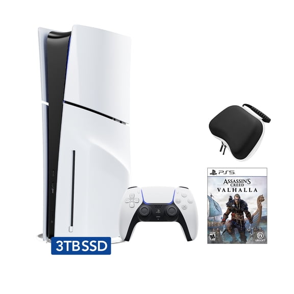 PlayStation 5 Slim Disc 3TB SSD Edition Bundle with Assassin's Creed Valhalla and Controller Case - PS5, White
