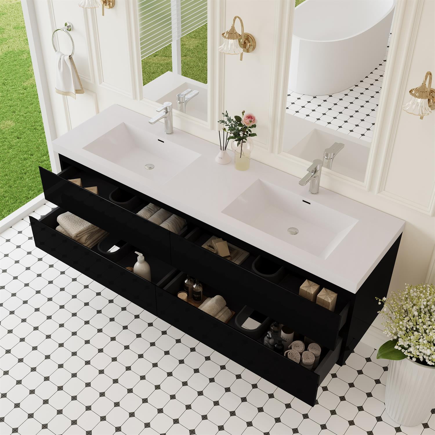 Demi Bonn 72" Floating Bathroom Vanity with Sink, Double Resin Top Basin and 4 Soft Close Drawers, Faucets and Drains Not Included, Black