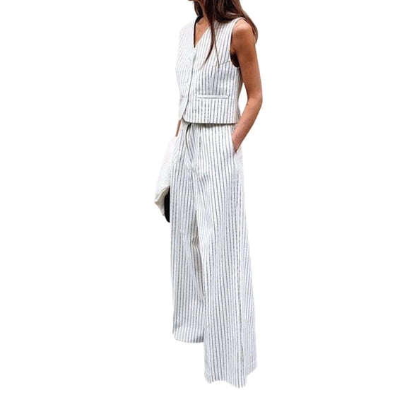 Women'S 2 Piece Vacation Outfit Striped Button Down Blazer Vest and Long Pants Set White S