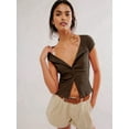 thumbnail image 4 of Women'S Short Sleeve Summer Tops Ribbed Knit Button Down Tight Tees Shirts Going Out Y2K Clothes Coffee Color S, 4 of 7