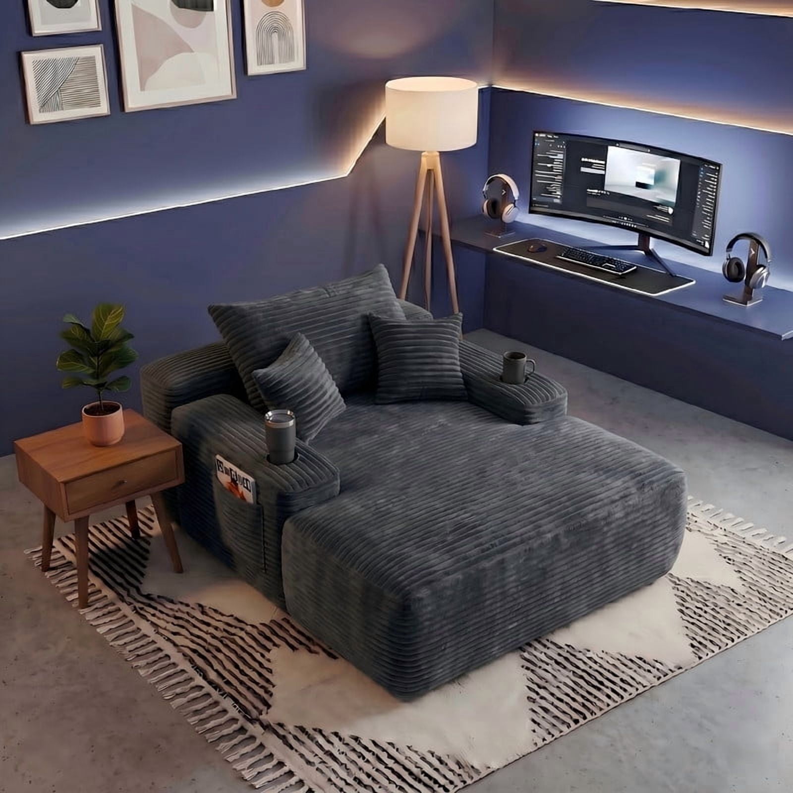 Modern Plush Faux Fur Oversized Chaise Lounge Sofa Chair with Deep Seat Memory Foam and Pillows, No Assembly Required for Living Room Bedroom Studio, Gray