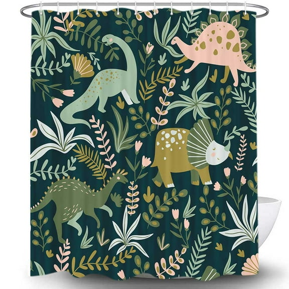 Dinosaurs and Green Leaves Shower Curtain, Cute Dino Colorful Kid Funny Cartoon Animal Boys Kids Bathroom Curtain, Waterproof Fabric Bathroom Accessories Sets with Hooks 69 x 70 inch