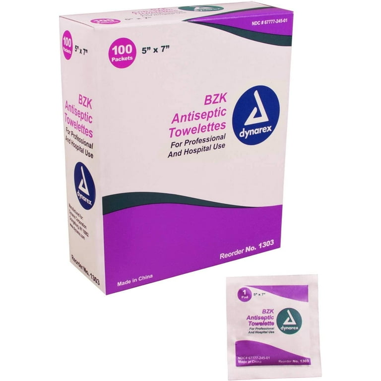 Dynarex BZK Antiseptic Towelette 5'' x 7'', 100 Count, 6 Pack