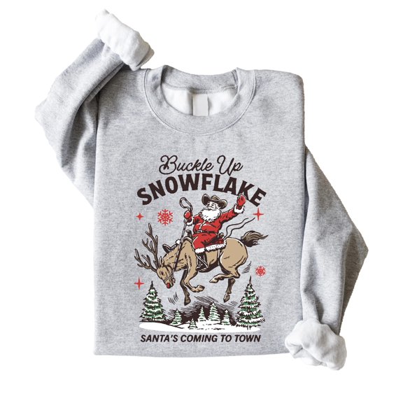 Buckle Up Snowflake Christmas Unisex Sweatshirt Santa's Coming to Town Sweater for Men & Women Gray Sweatshirt Adult X-Large