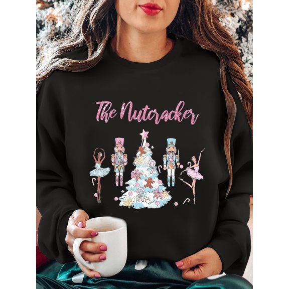 Women'S Nutcracker Print Sweatshirt - Christmas Ballet-Inspired Long Sleeve Crewneck Sweater with Nutcracker Soldier & Ballerina Design