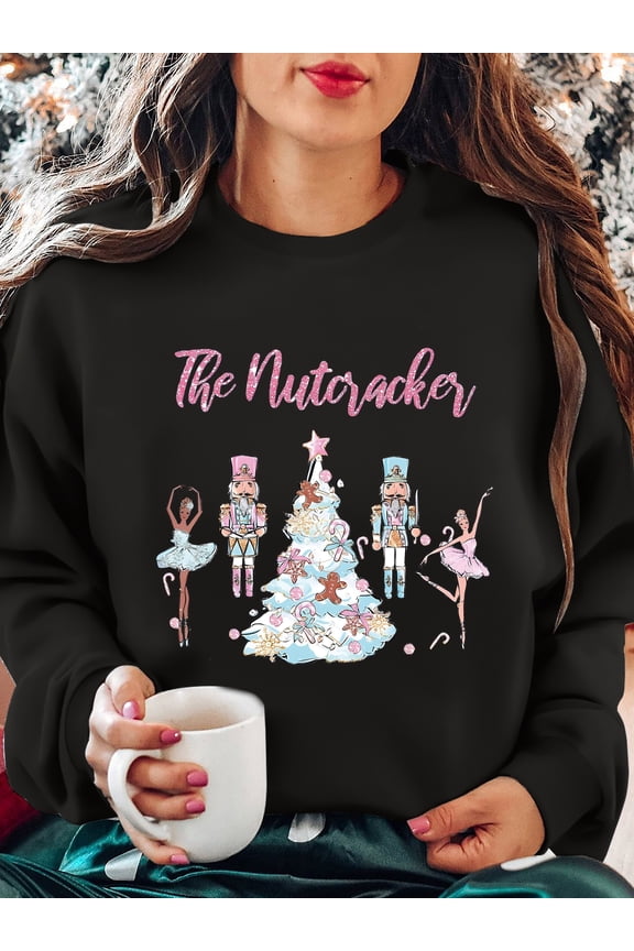 Women'S Nutcracker Print Sweatshirt - Christmas Ballet-Inspired Long Sleeve Crewneck Sweater with Nutcracker Soldier & Ballerina Design