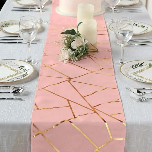 Efavormart 9 Ft Metallic Gold/Dusty Rose Foil Geometric Pattern Blush Polyester Table Runner