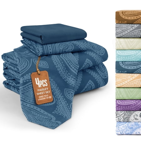 Lux Decor Twin XL 4 Piece Bed Sheet Set - Paisley Printed Microfiber Sheets Ultra Soft Deep Pocket Wrinkle-Free Breathable OEKO-TEX Certified - Twin XL Navy Blue