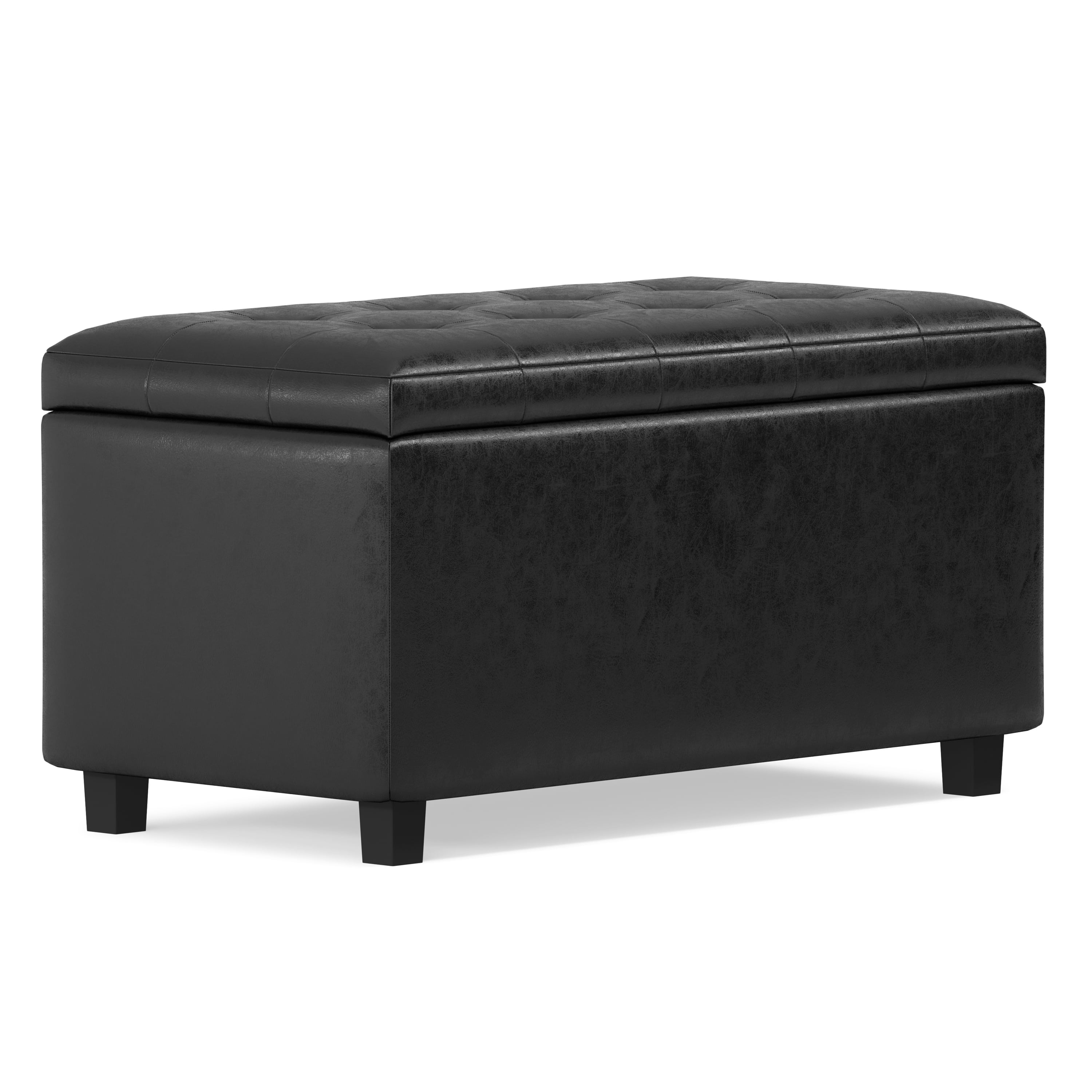 Simpli Home Cosmopolitan 34" Transitional Rectangle Ottoman in Black Faux Leather