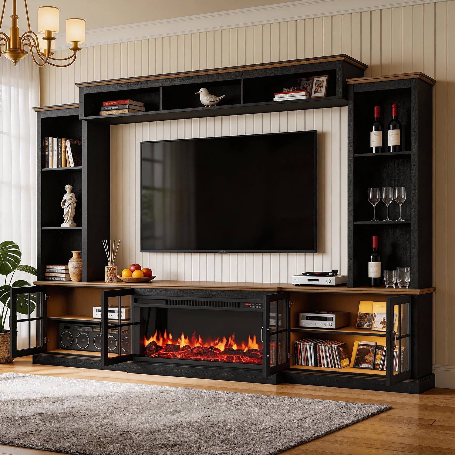 BaPiPro 98" Farmhouse TV Stand with Fireplace, Bookshelf, Entertainment Center for 75" TVs with Storage, Large Wall Unit Media Console for Living Room, Black