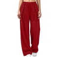 thumbnail image 2 of Women's Lace Up Criss Cross Detail Casual Sweatpants Elastic Drawstring Waist Wide Leg Jogger Pants with Pocket Fall Fashion Y2K Outfit Red, 2 of 7