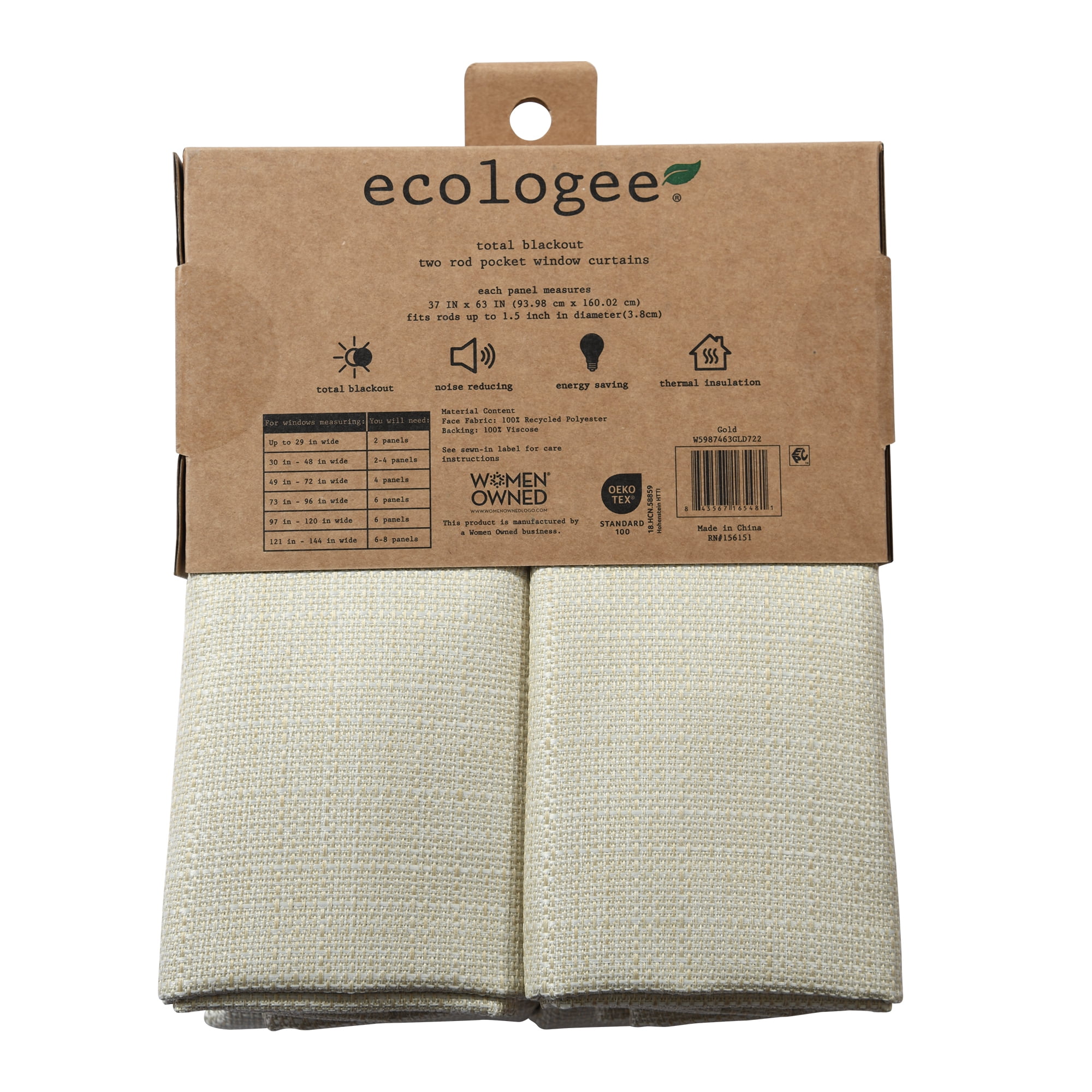 Ecologee Wakefield Textured 100% Blackout Rod Pocket Indoor Curtain Panel Pair, Gold, 37" W x 63" L