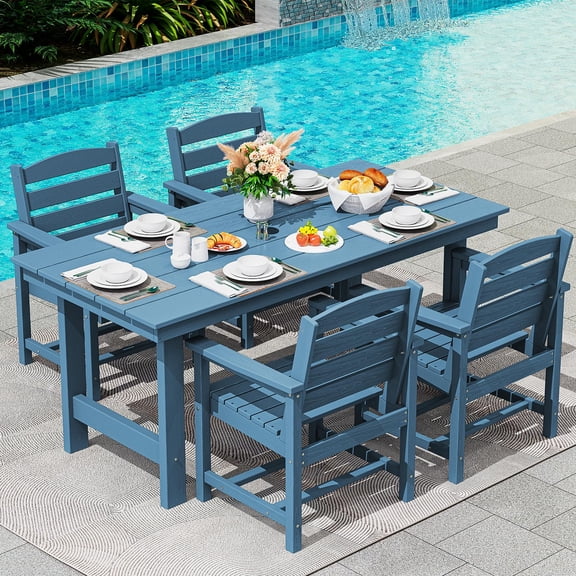 5-Piece Blue HDPE Patio Dining Set with Umbrella Hole Table & 4 Arm Chairs,Blue