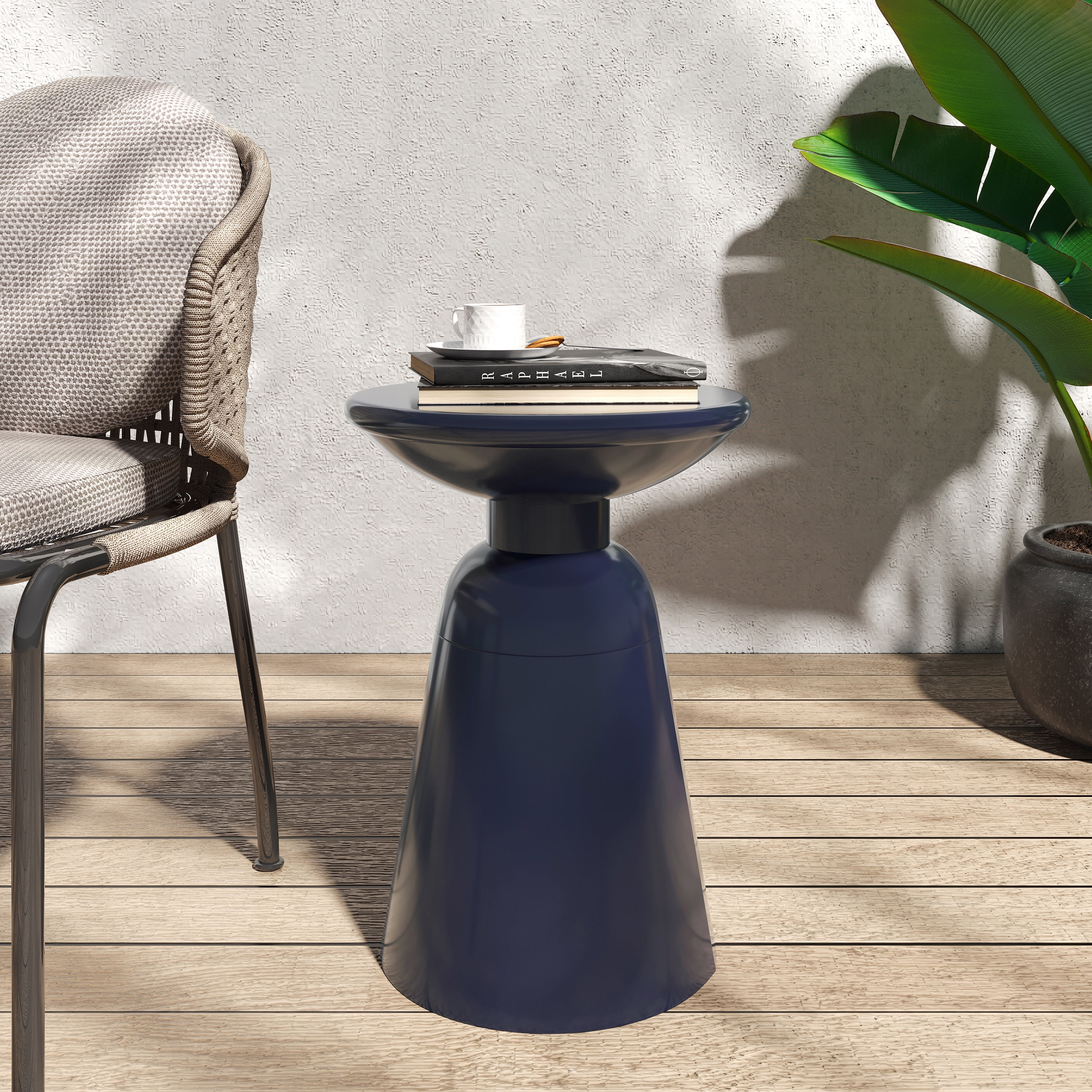 Outdoor Large Pedestal Side Table, Metal Frame Accent Table for Patio Garden, Navy Blue