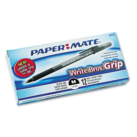 Paper Mate Write Bros Grip Ballpoint Stick Pen, Black Ink, Medium, Dozen