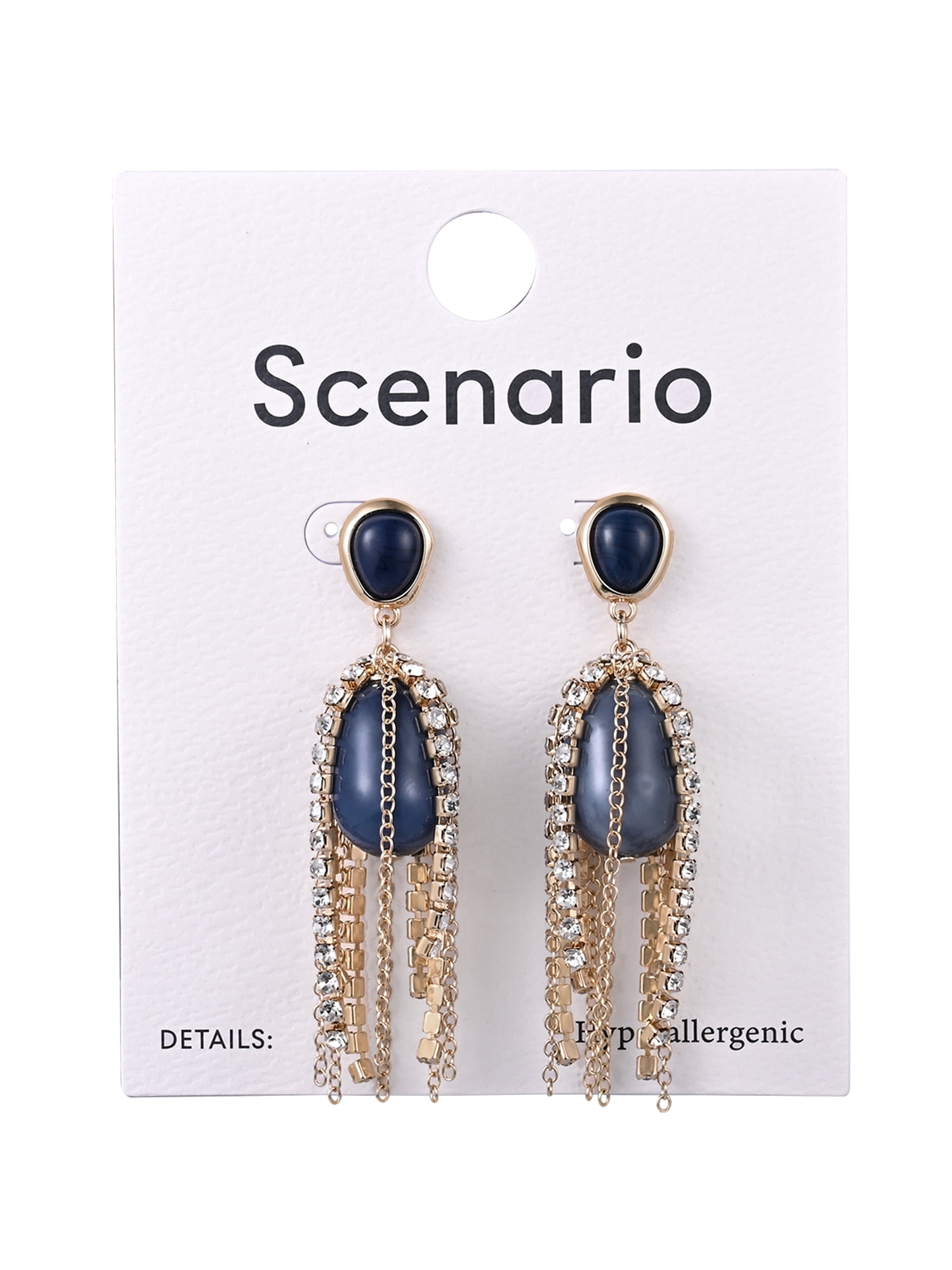 Scenario Women's Gold-Tone Faux Pearl Blue Swirl Stone Rhinestone Chain Drop Earrings
