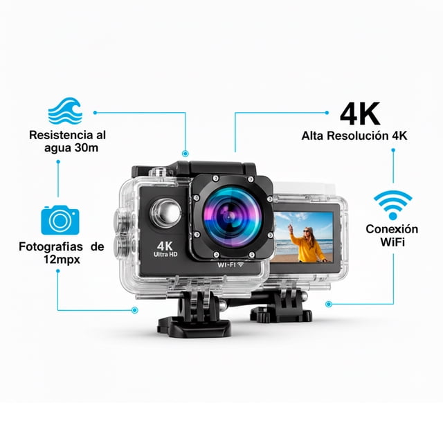 Cámara de Acción Ultra HD | Sumergible 30 Metros | 16MP con Wi-Fi | Pantalla HD 2.0" y Accesorios