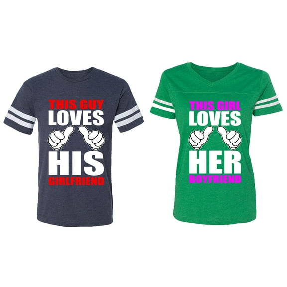 This Guy Lovs His Her Girlfriend Boyfriend Matching Couple Cotton Jerseys (Men Navy / Women Green) (Men XL / Women XXL)