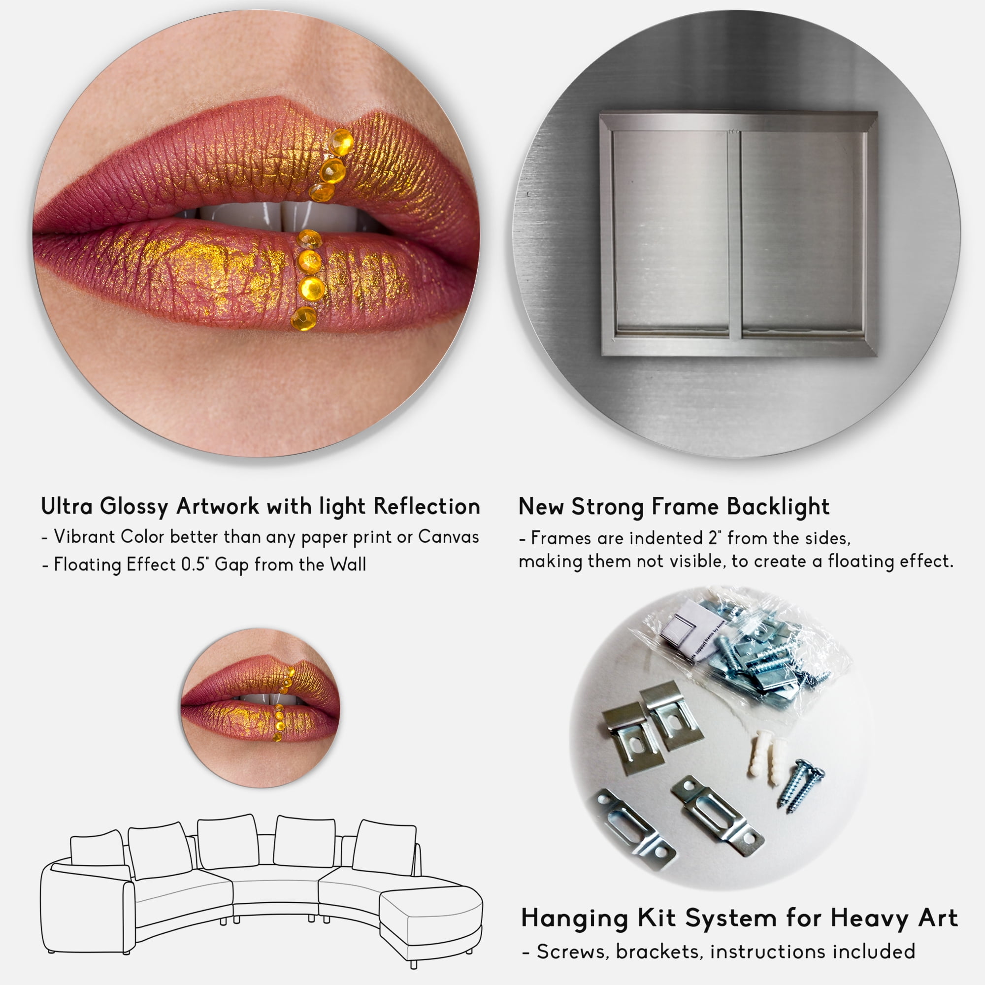 Designart 'Woman Lips Close-Up With Red Lipstick, Gold Paint' Modern Circle Metal Wall Art 36x36 - Disc of 36