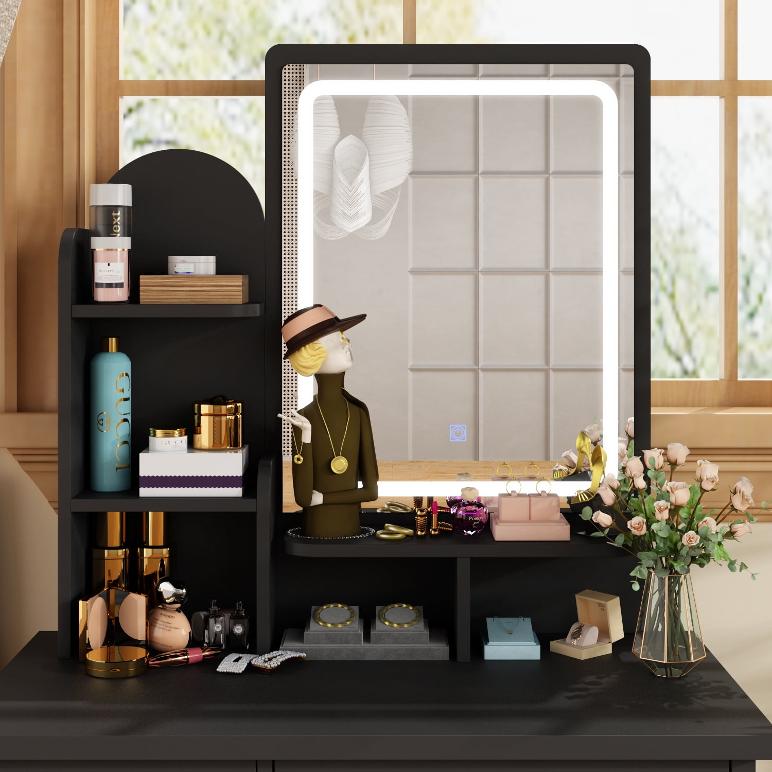MONSLIPA Vanity Set with Lighted Mirror, Makeup Dresse Table with 5 Drawers and Open Shelves, Cushioned Stool ( Black )