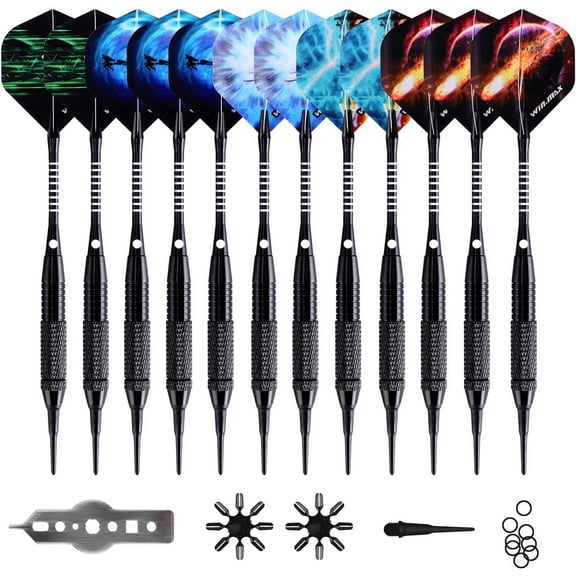 Thinway Darts Plastic Tip - Soft Tip Darts Set - 12 Pcs 18 Gram with 100 Extra Dart Tips 12 Flights Flight Protectors and Wrench for Electronic Dart Board