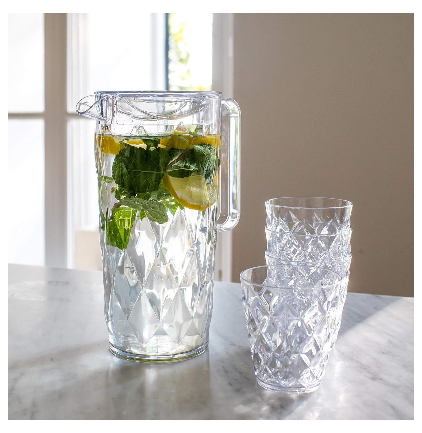 Plastic Pitcher & Glasses Set - Water, Juice, Iced Tea Carafe - Wedding, Party, Restaurant Drinkware - Stackable & Insulated
