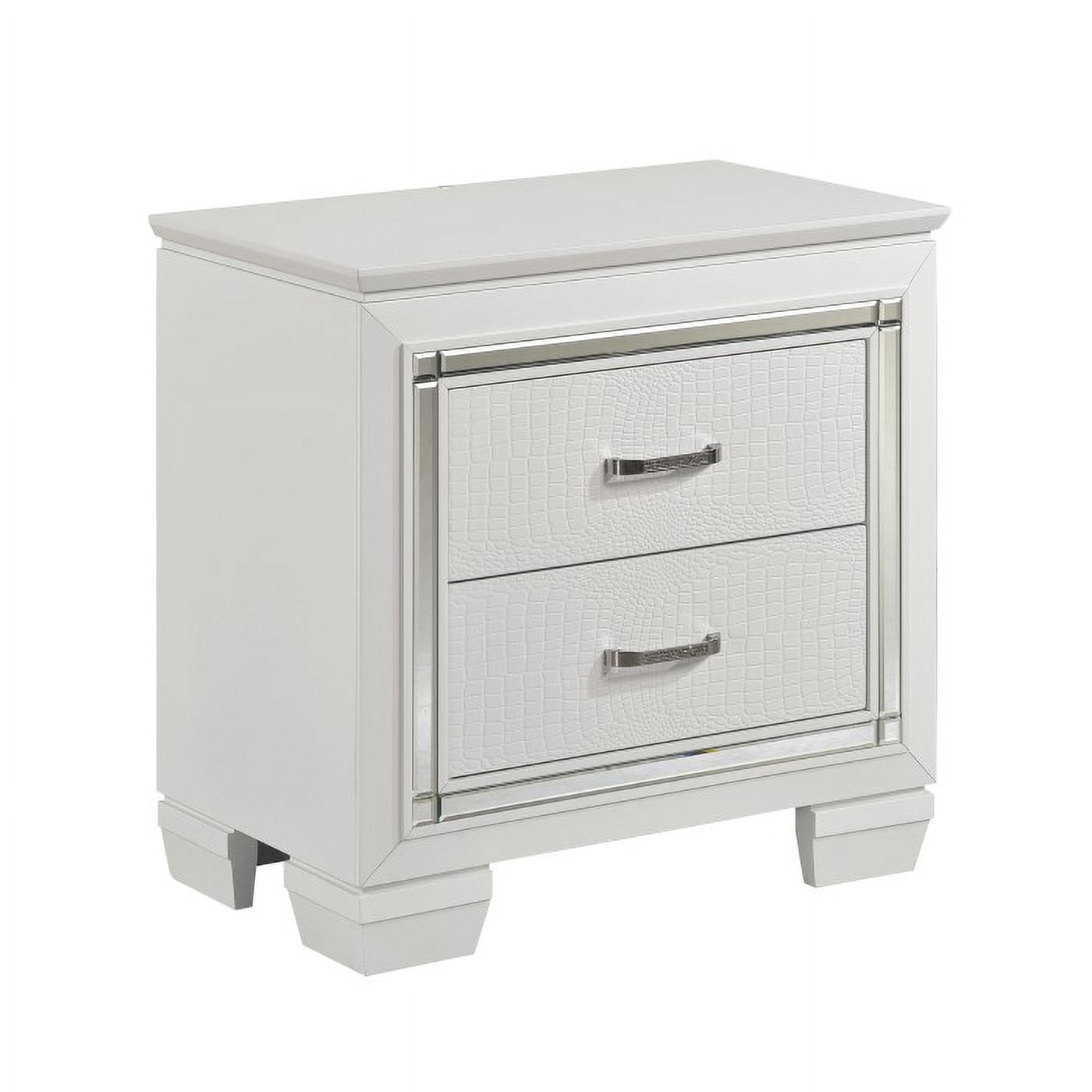 Allura Collection Glamorous White Nightstand with Beveled Mirror Accent, Alligator Embossing, and Crystal-Enhanced Hardware