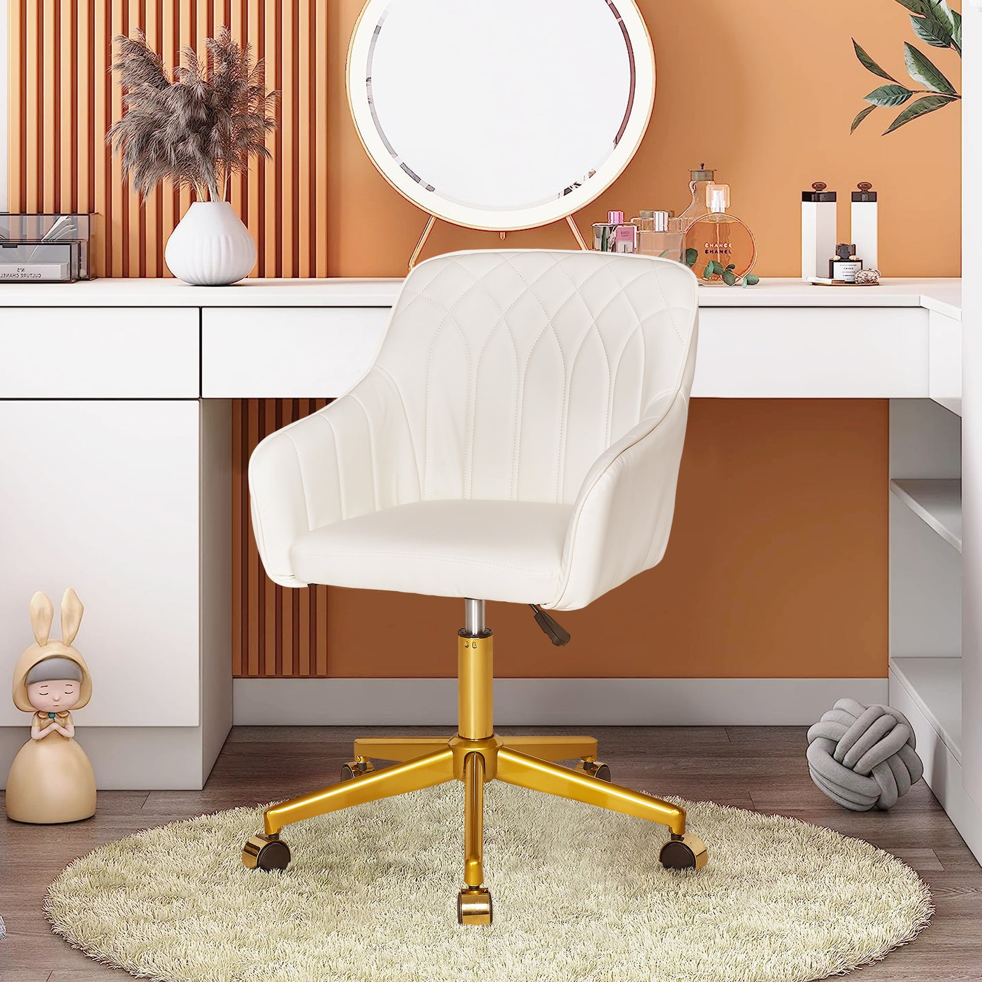 VECELO Home Office Chair, Modern Upholstered Swivel Desk Chair with Gold Base, Adjustable Height Vanity Chair for Study, Living Room, Bedroom, White
