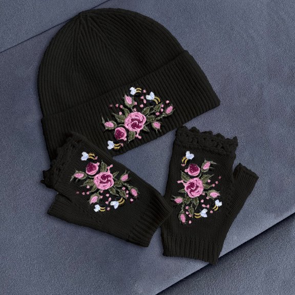 CUZIBR Womens Gloves Crochet Flower Embroidery 2 Piece Set Hat Handmade Fingerless Mittens Cozy Soft Warm Outfits For Cycling Running Outdoor Activities