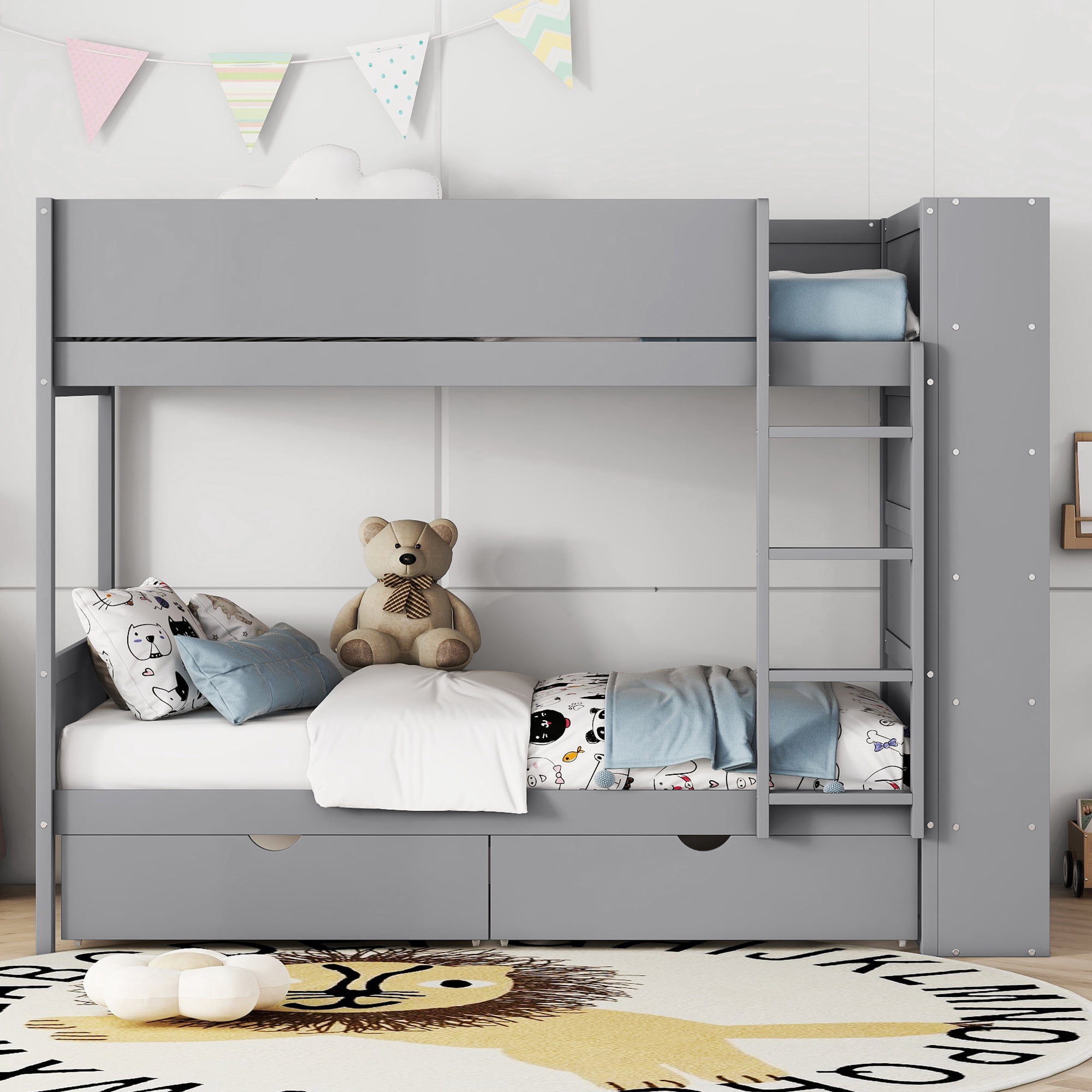 Euroco Pine Wood Twin over Twin Bunk Bed, Storage Bed with Cabinets and Shelves for Kids Teens, Sapce-Saving Design, Gray