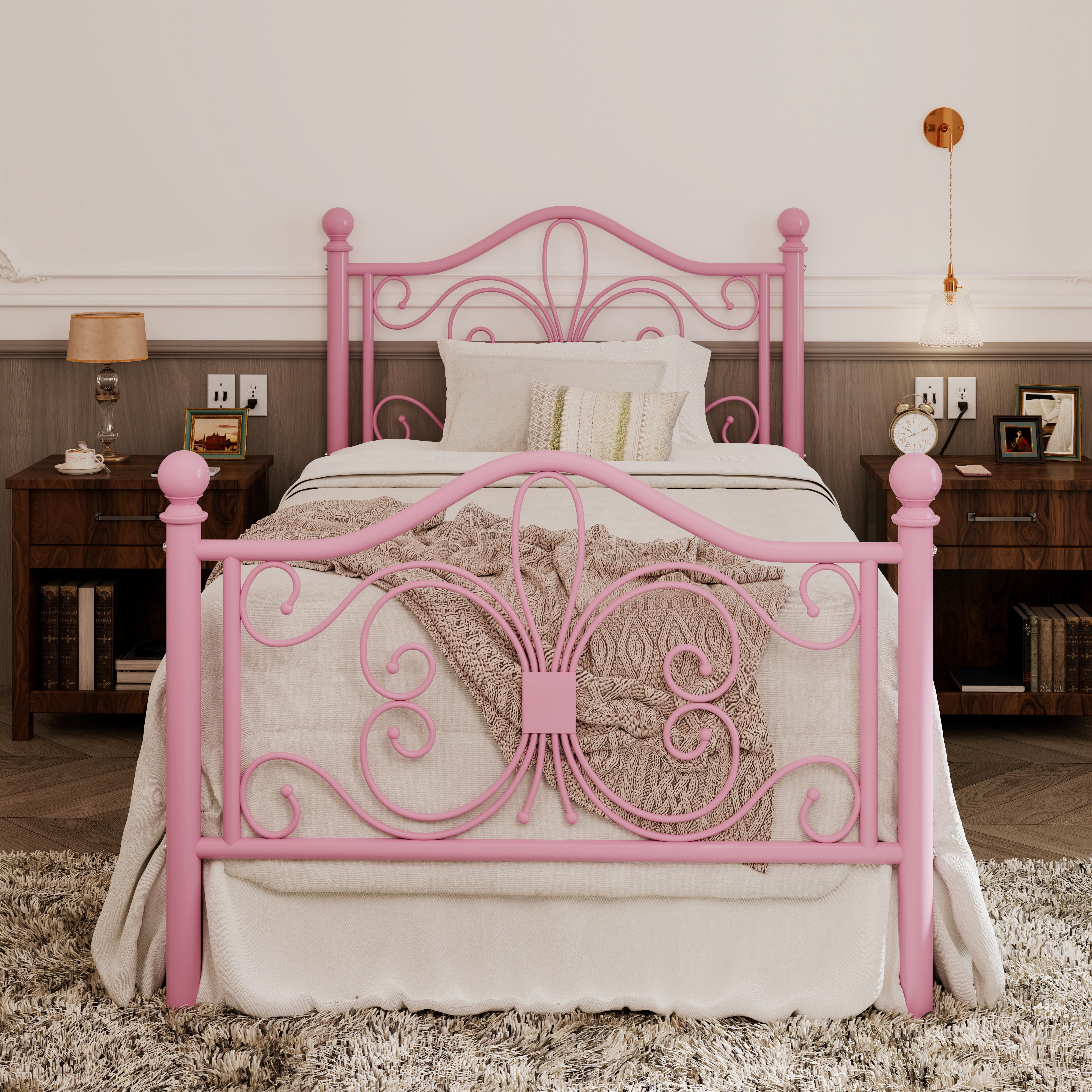 Allewie Twin Size Vintage Metal Bed Frame with Butterfly Pattern Design Headboard & Footboard, Pink