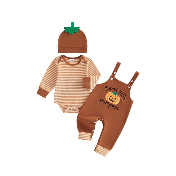 RUINIXCW Baby Boy Halloween Outfit Striped Crew Neck Long Sleeve Romper Pumpkin/Ghost Embroidery Overalls and Hat 3 Pcs Set