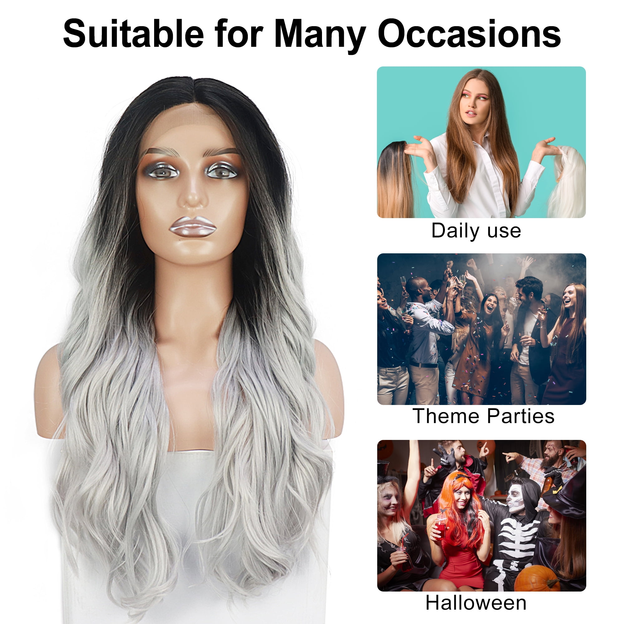 Unique Bargains Lace Front Wigs Long Body Wave for Women Lady Gradient Gray
