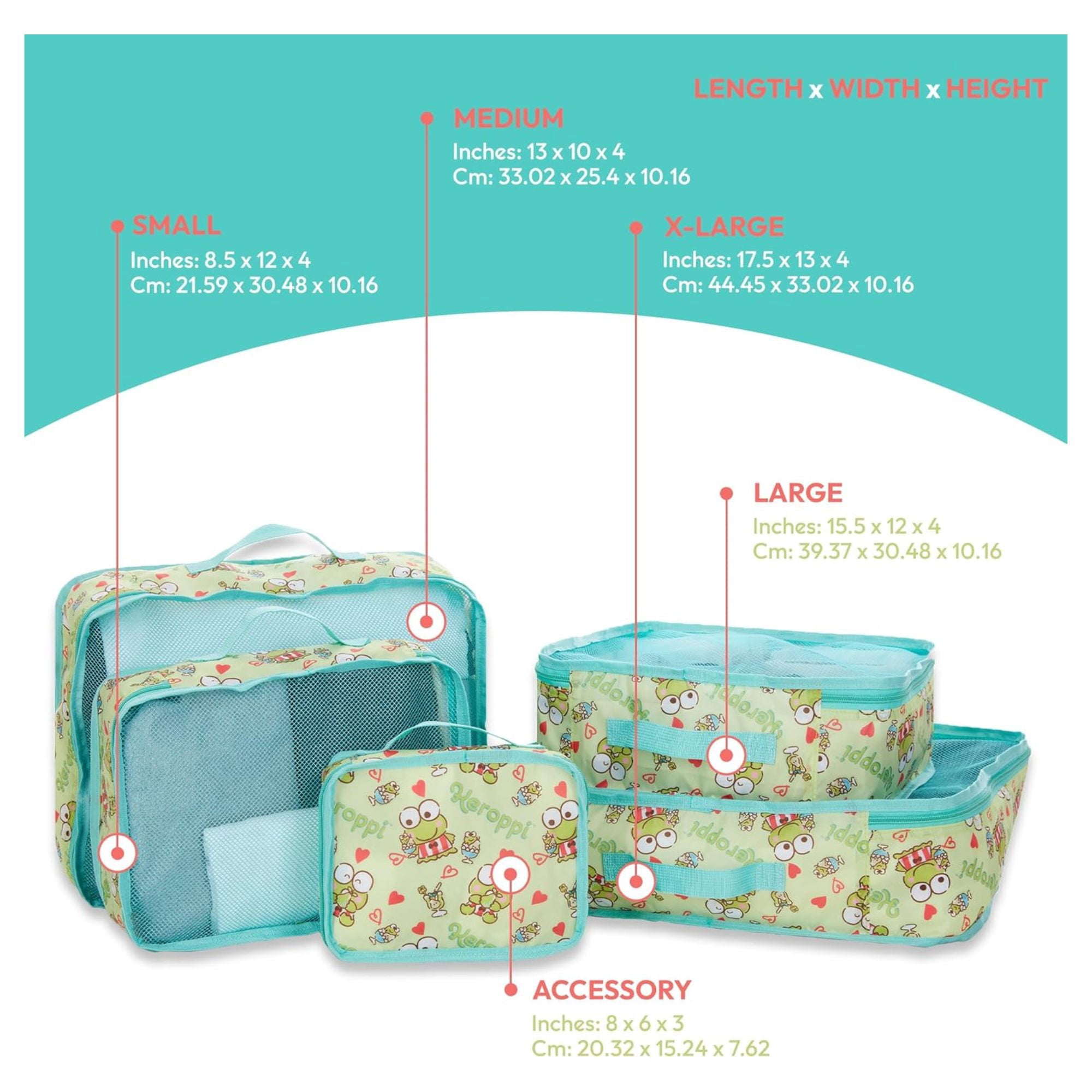 Sanrio Hello Kitty Kerropi Packing Cubes, 5 Piece Set Organizer Travel Essentials for Kids and Adult Green