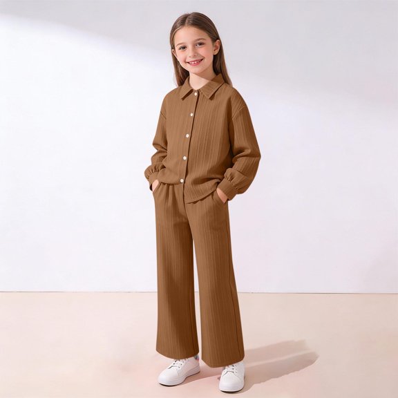 Xdegoge Girls Clothing 2 Piece Sets Long Sleeve Button Down Shirts and Elastic Waist Wide Leg Trousers Casual Loose Formal Outfit for School Admission Interview Size 8-12