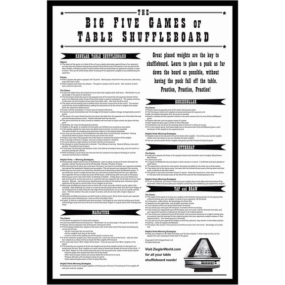 Zieglerworld Big Five Games of Table Shuffleboard Rules Print - Framed