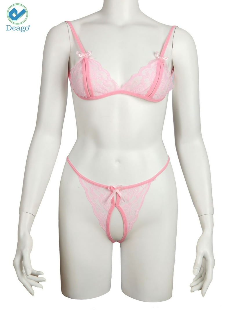 Deago Women Sexy Lingerie Nightwear Two Piece Babydoll Bra Panty G-String  Underwear Set (Pink, L)
