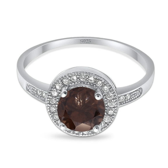 Halo Art Deco Natural Chocolate Smoky Quartz Ring CZ 925 Sterling Silver Size 5