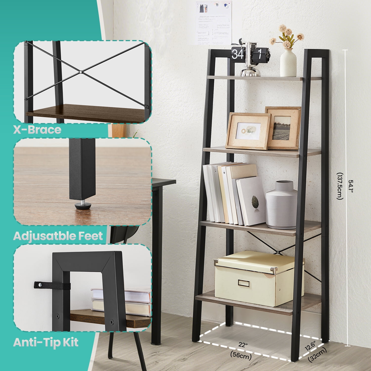 LEDREM 4-Tier Ladder Shelf Heavy Duty Storage Shelf with Steel Frame, Storage Rack Bookshelf for Home, Office, Heather Greige and Black