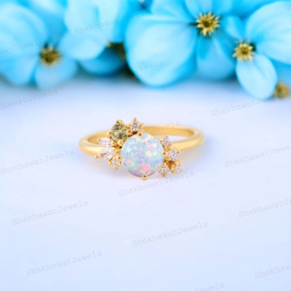 SHEKHAWATJEWELS 5 mm / 1 Ct Fire opal Cluster Peridot Diamond Wedding Statement Ring - Engagement Gift For Wife