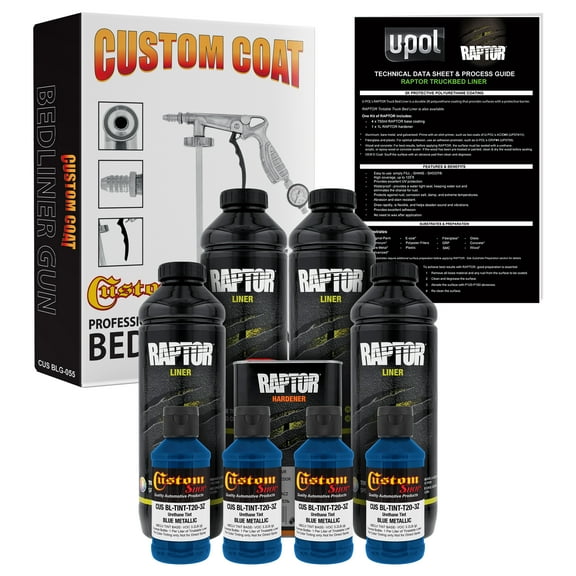 U-POL Raptor Blue Metallic Urethane Spray-On Truck Bed Liner Kit w/ FREE Custom Coat Spray Gun with Regulator, 4 Liters