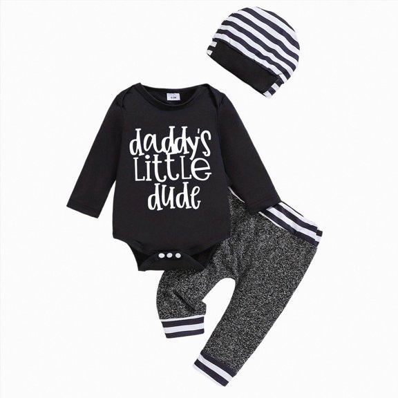 Gerichy Newborn Baby Boy Clothes Daddy’s Little Dude Letter Print Romper Pants Hat 3PCS Outfit 0-18 Months