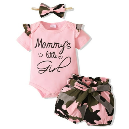 

Lovebay 3PCS Baby Girls Outfit Pink Camo Ruffle Romper Shorts Headband Clothes