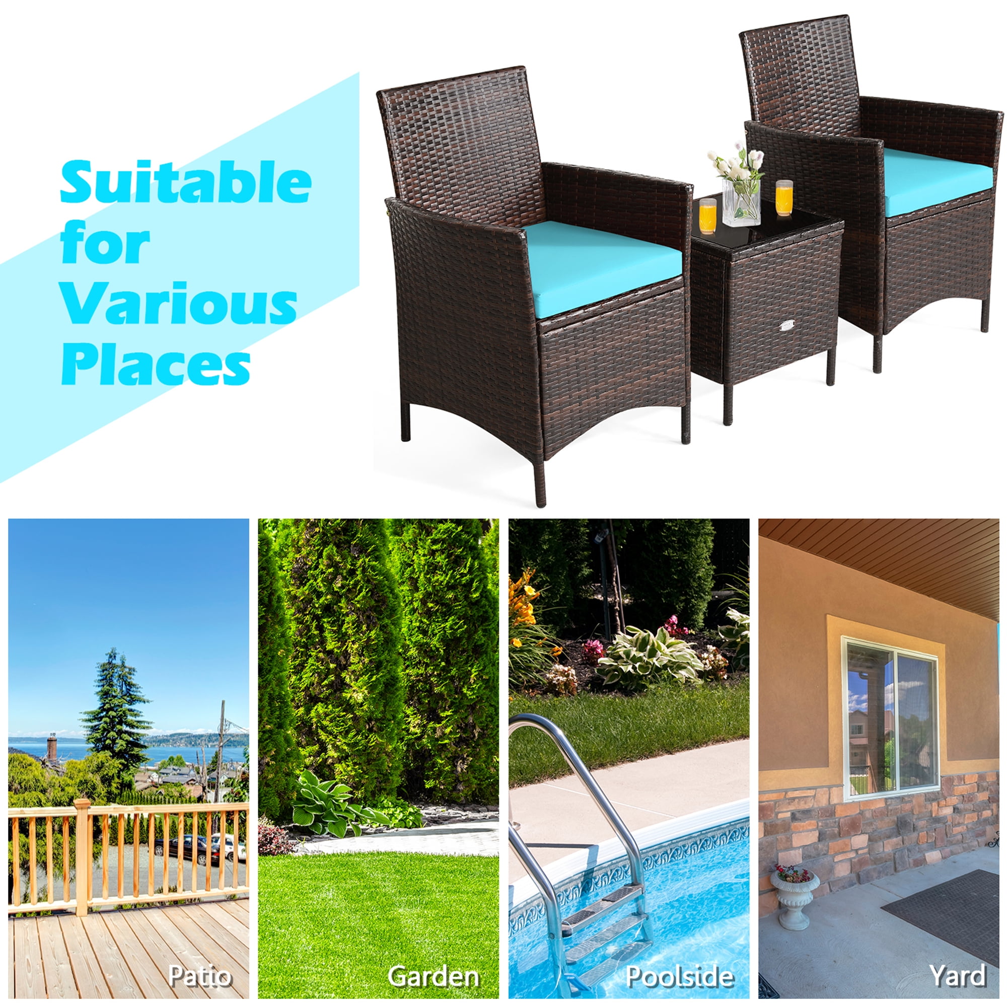 Gymax 3PCS Outdoor Rattan Conversation Set Patio Furniture Set w/ Blue Cushions
