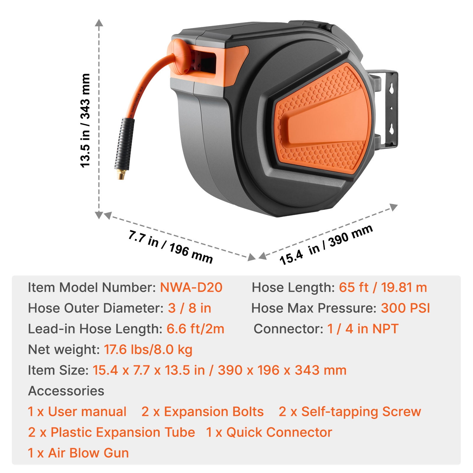 KFFKFF Retractable Air Hose Reel, 3/8IN x 65FT Hybrid Air Hose with 300PSI Capacity, Auto-Rewind Compressor Hose Reel Featuring 6.6 FT Lead-In Hose, Wall/Ceiling Mount Design with Enclosed PP Reel