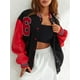 thumbnail image 3 of TRKIYQC Chaqueta de béisbol para mujer Número impreso Otoño Casual Manga de cuero Botón Bomber Jacket Streetwear TRKIYQC moda, 3 of 9