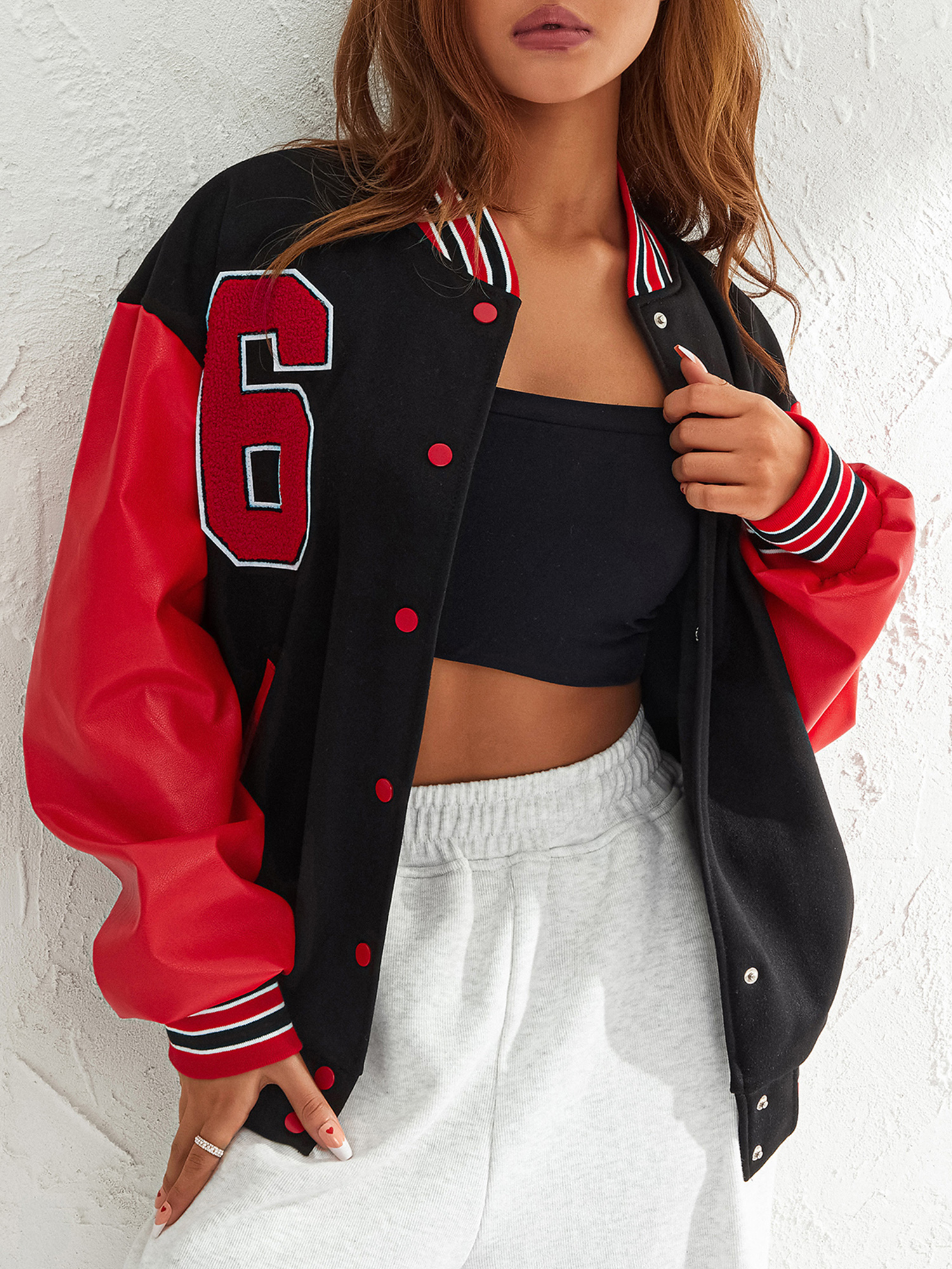 Liacowi Women Juniors Oversized Baseball Jacket Letters Print Button Bomber Jacket Long Sleeve Leather Parchwork Outwear Streetwear for Teen - image 3 of 9