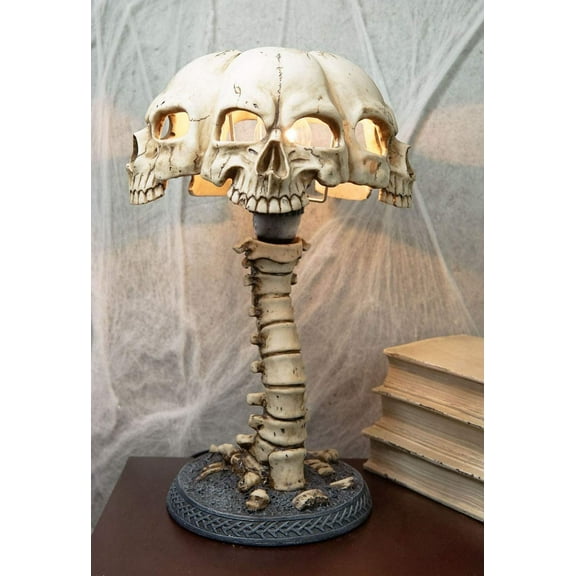 Ebros Evil Resurrection Ossuary Skulls Shade W/ Bone Spine Column Table Lamp