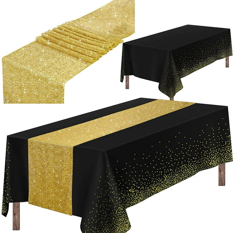 ZOELNIC Tablecloth and Sequin Table Runner Set Polka Dots Table Cover  Dining Plastic Table Cloths Glitter Decorations for Birthday Wedding  Anniversary Party Supplies (Black+Gold) 
