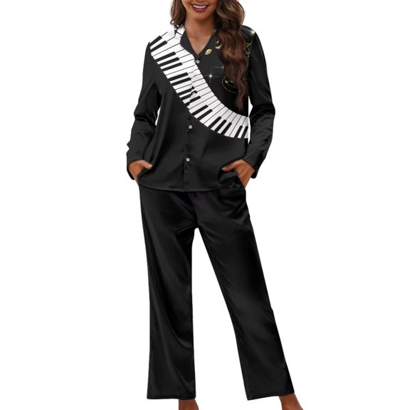Renewold Comfort Piano Notes Pajama Pants Set of 2 Casual Button Down Pjs Sleepwear for Women Durable Winter Scoop Neck Outfits Leisure Loungewear Thermal Nightgown Size M
